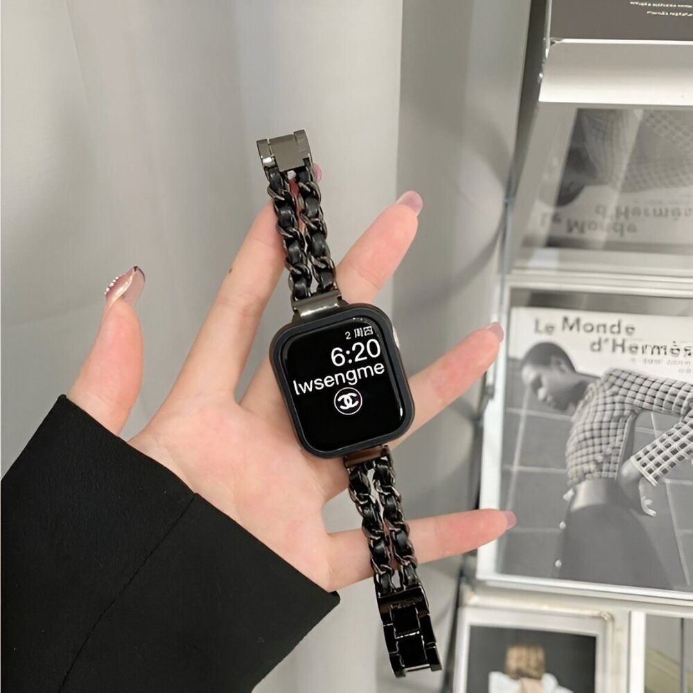 Apple Watch Band Luxury Adjustable Stylish Strap Silver Stainless Chain Black